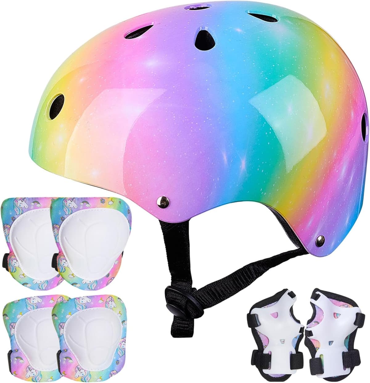 Unicorn Castle Kinder Helm Knie Ellenbogen Handgelenk Pads Verstellbare Knieschoner Ellenbogenschoner Handgelenkschoner Skateboard Helme für Radfahren Skating Mädchen, 3-8 Jahre – Bild 1