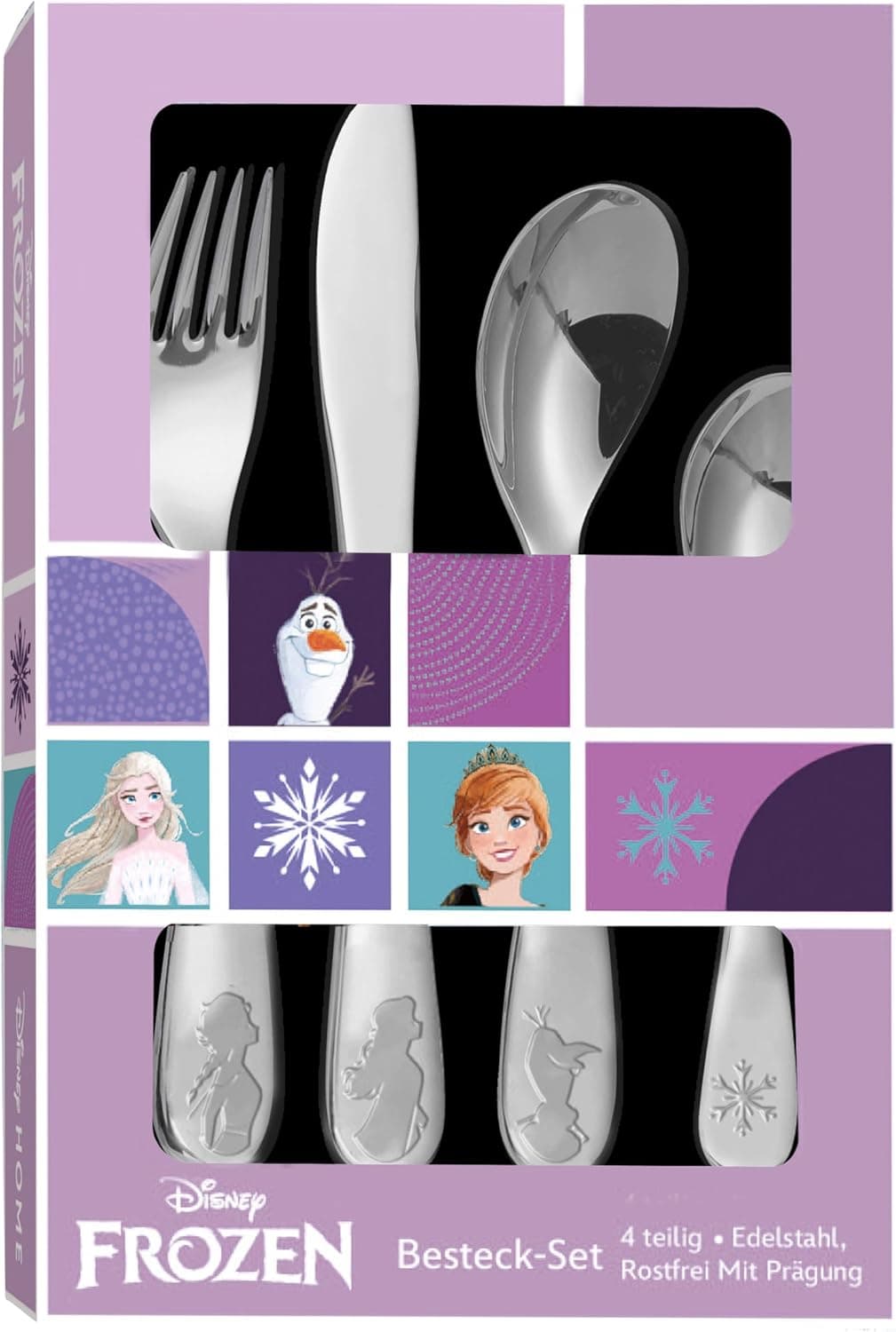 Frozen Die Eiskönigin Kinderbesteck Set 4-teilig - Edelstahl rostfrei mit Messer, Gabel, Suppenlöffel und Dessertlöffel - geprägtes Motiv mit Elsa, Anna und Olaf - spülmaschinengeeignet, kindgerecht – Bild 1