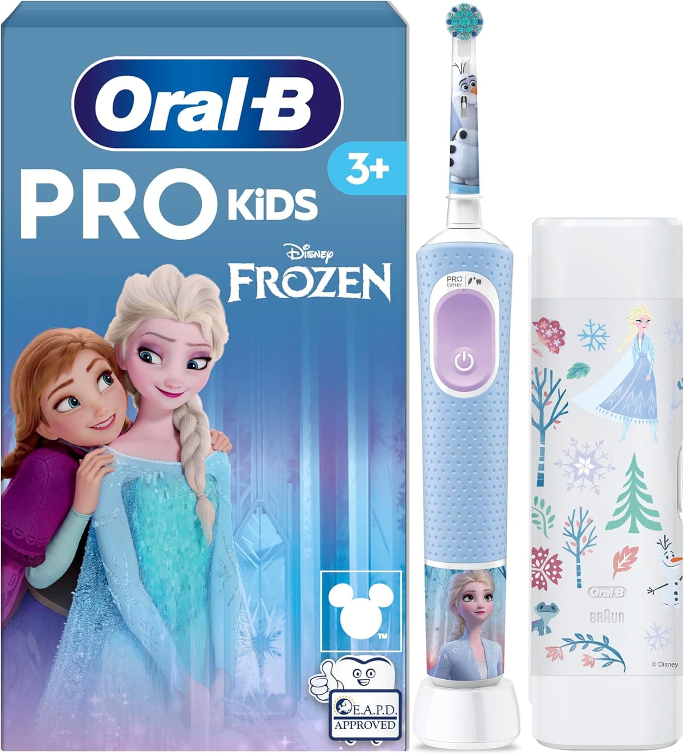Oral-B Pro Kids Frozen Elektrische Zahnbürste für Kinder — Electric Toothbrush ab 3 Jahren inkl. 1 Aufsteckbürste, Reise-Etui und 2 Putzmodi für Zahnpflege, Blau/Lila – Bild 1