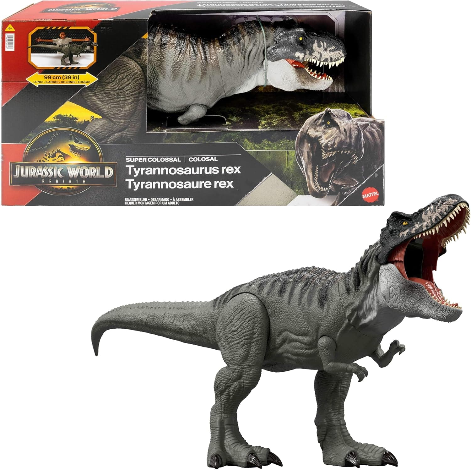 MattelJurassic World: Die Wiedergeburt Riesendino Tyrannosaurus Rex-Actionfigur, T-Rex-Dinosaurierspielzeug mit 2 Angriffsbewegungen, filmgetreues und bewegliches Design – Bild 1